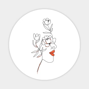 Minimal Woman line art. Trendy one line girl face with flower and leaves. Female poster. Magnet